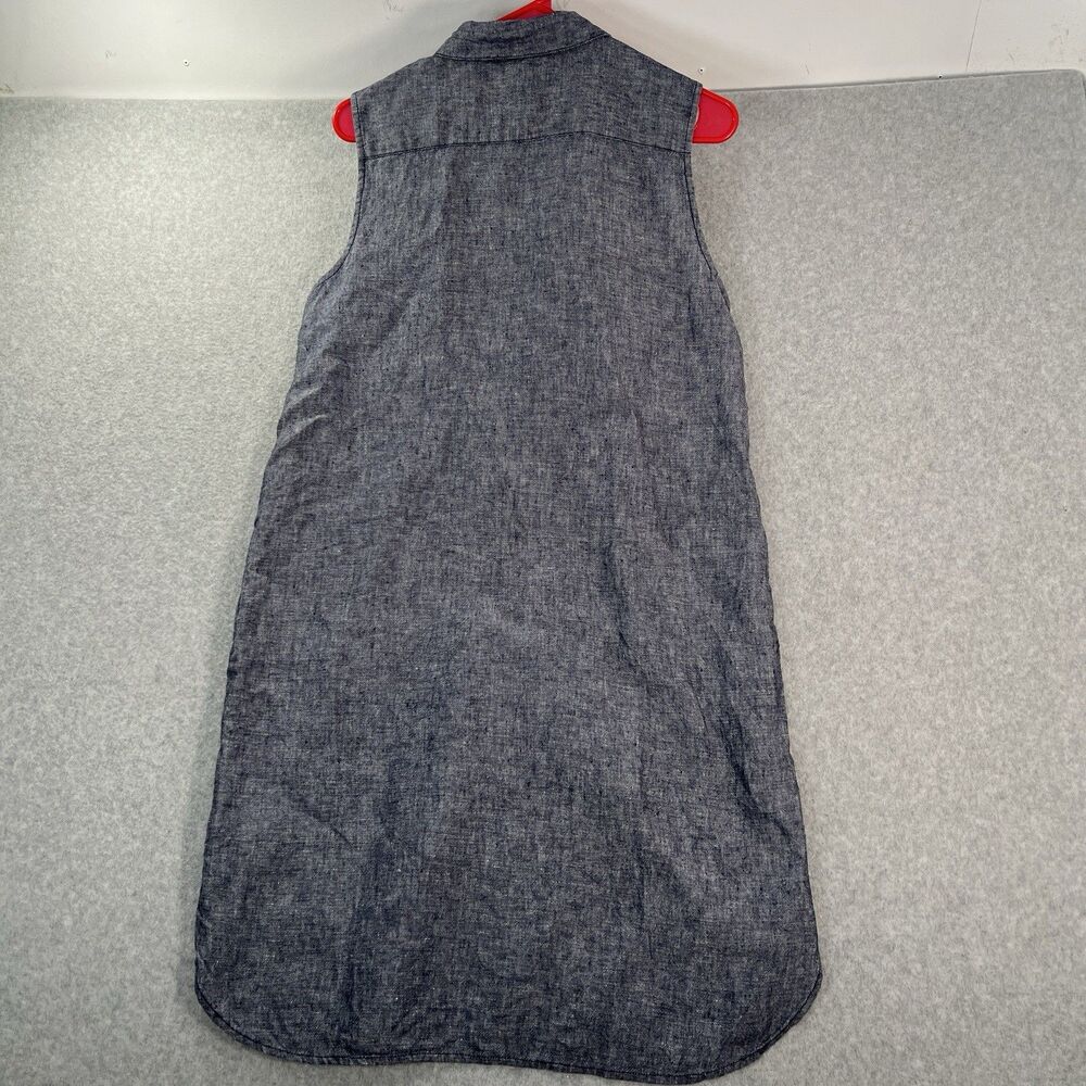 Pure Navy Blue Shirt Dress Collared Sleeveless Button Knee Length 100% Linen M - Picture 3 of 12